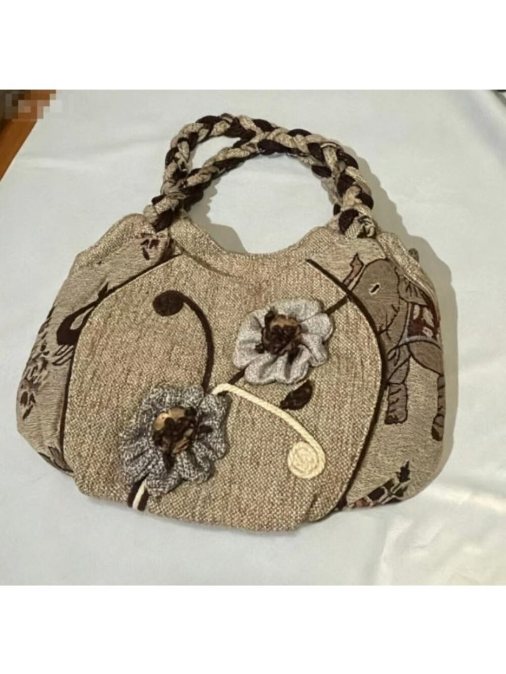Women Vintage Woven Linen Tote Bag 3D Flower Elephant Jacquard Handbag